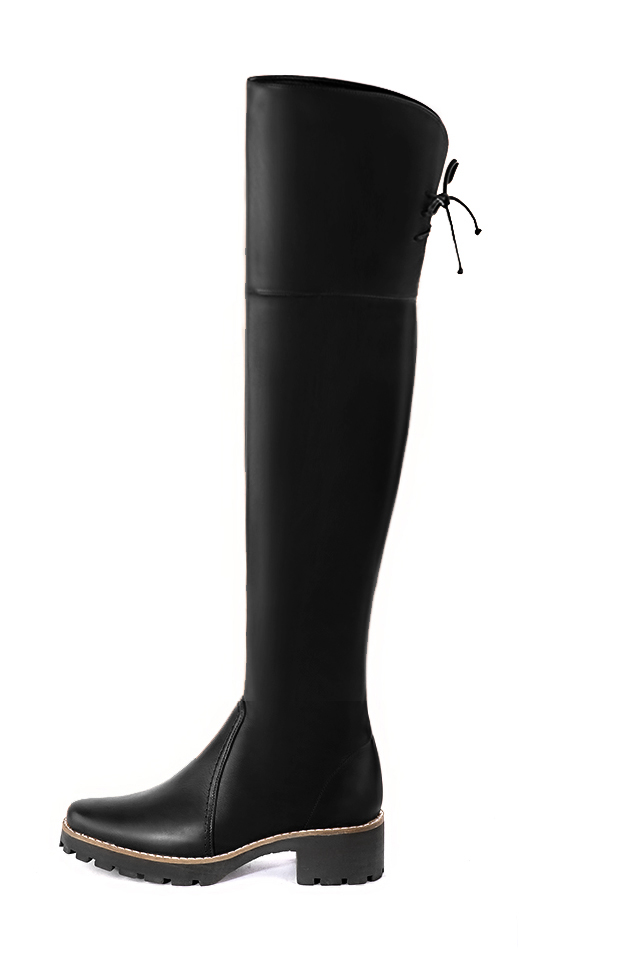 Satin black women's leather thigh-high boots. Round toe. Low rubber soles. Made to measure. Profile view - Florence KOOIJMAN